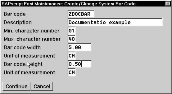 SAPScript Font Maintenance (Create/Change) System Bar Code window