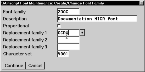 SAPScript Font Maintenance: Create/Change Font Family window