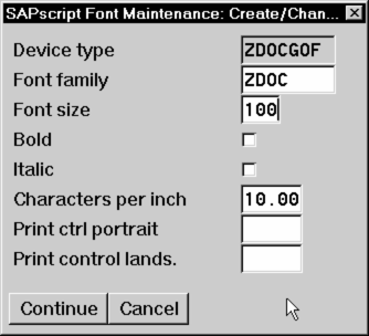 SAPScript Font Maintenance (Create/Change) window for OTF Fonts