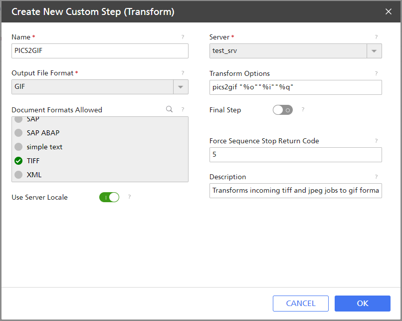 Create New Custom Step (Transform) dialog: define a transform that conditionally terminates with a return code on a Windows server.