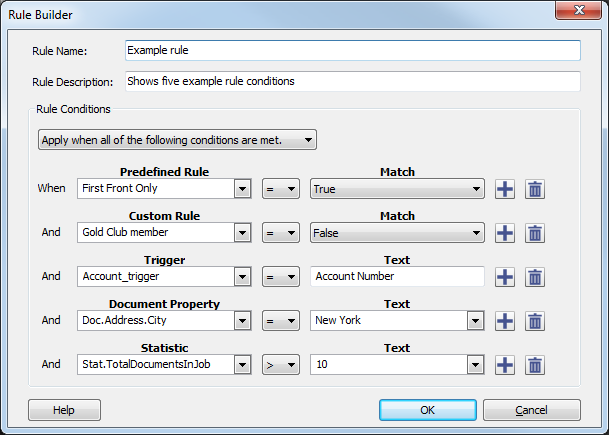 Rule Builder dialog showing a rule with multiple conditions