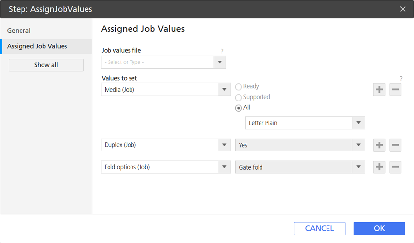 Screen capture of job properties for AssignJobValues step shows list of three properties and values.