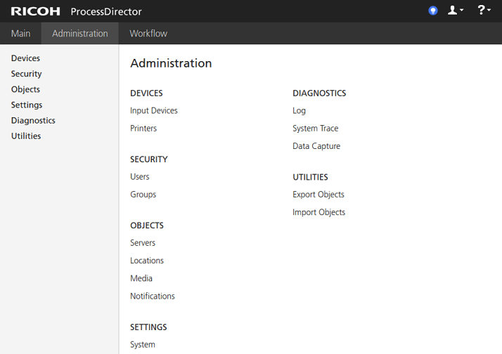 The Administration page of the GUI