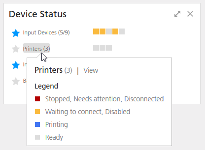 Device Status portlet, with the mouse pointer hovering over the Printers heading. A panel is open, displaying the Legend for printer devices.