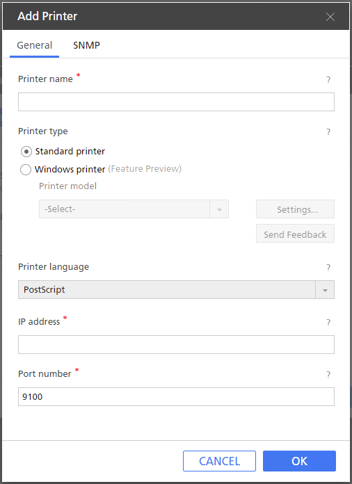 Add Printer screen — Adding a printer