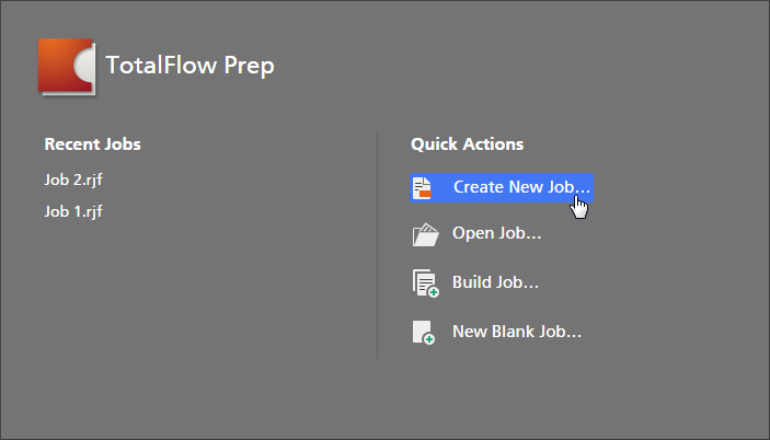 Quick Actions screen — Create New Job