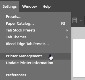 Settings menu — Printer Management