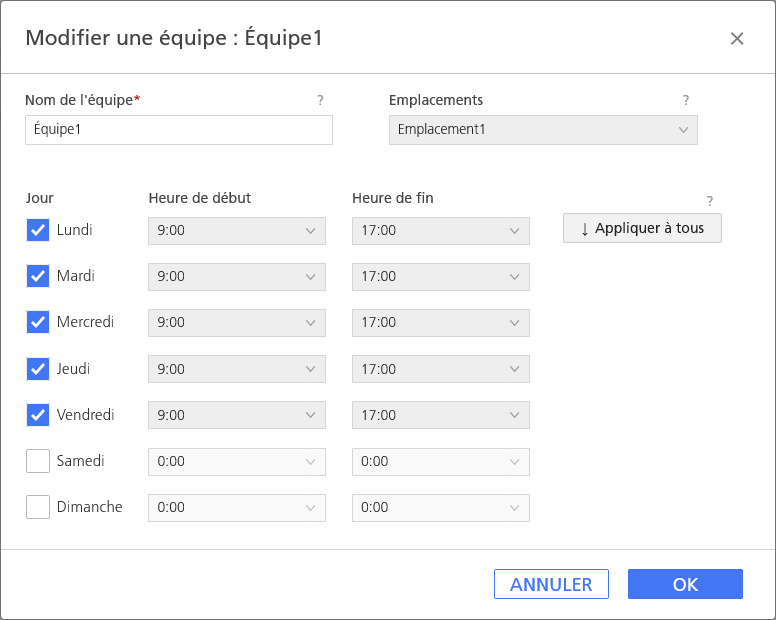 Boîte de dialogue Modifier une équipe